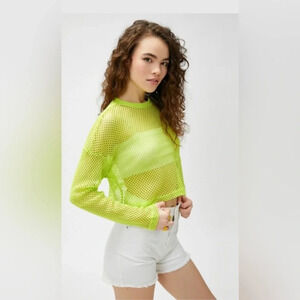 Windsor Women Knit Crochet Fishnet Top Long Sleeve Neon Green One size YK2K